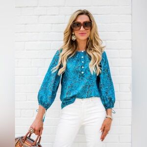 Cleobella Jayda Blouse Zuri Block Print | Size Small | Blue Paisley Boho Top